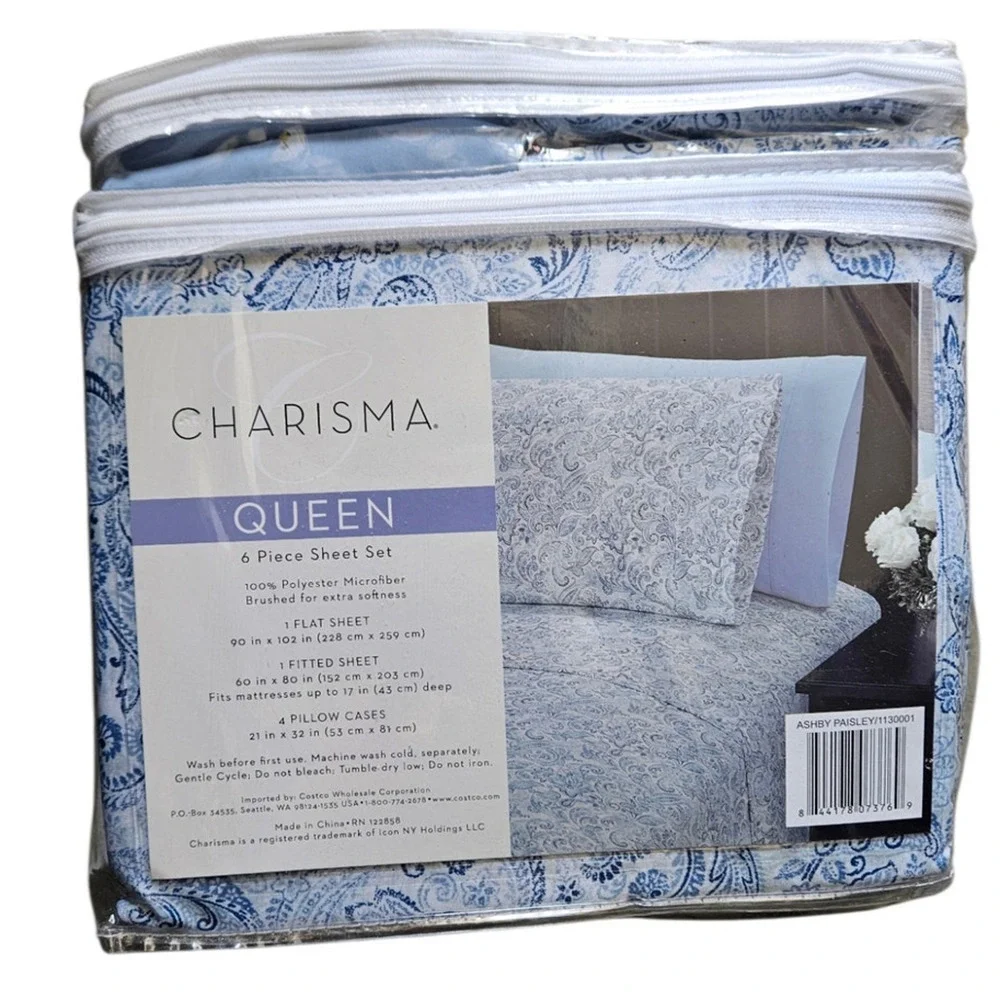 Charisma Queen 6 Piece UNBOXED Sheet Set Blue White  Bed Sheets Paisley NEW